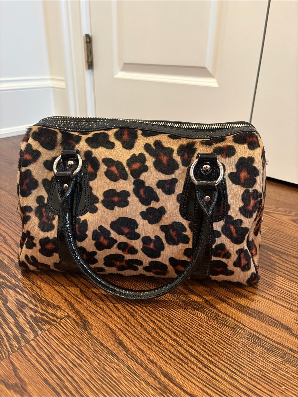 Genuine Leather Leopard Print Fur Bag with Black Trim
